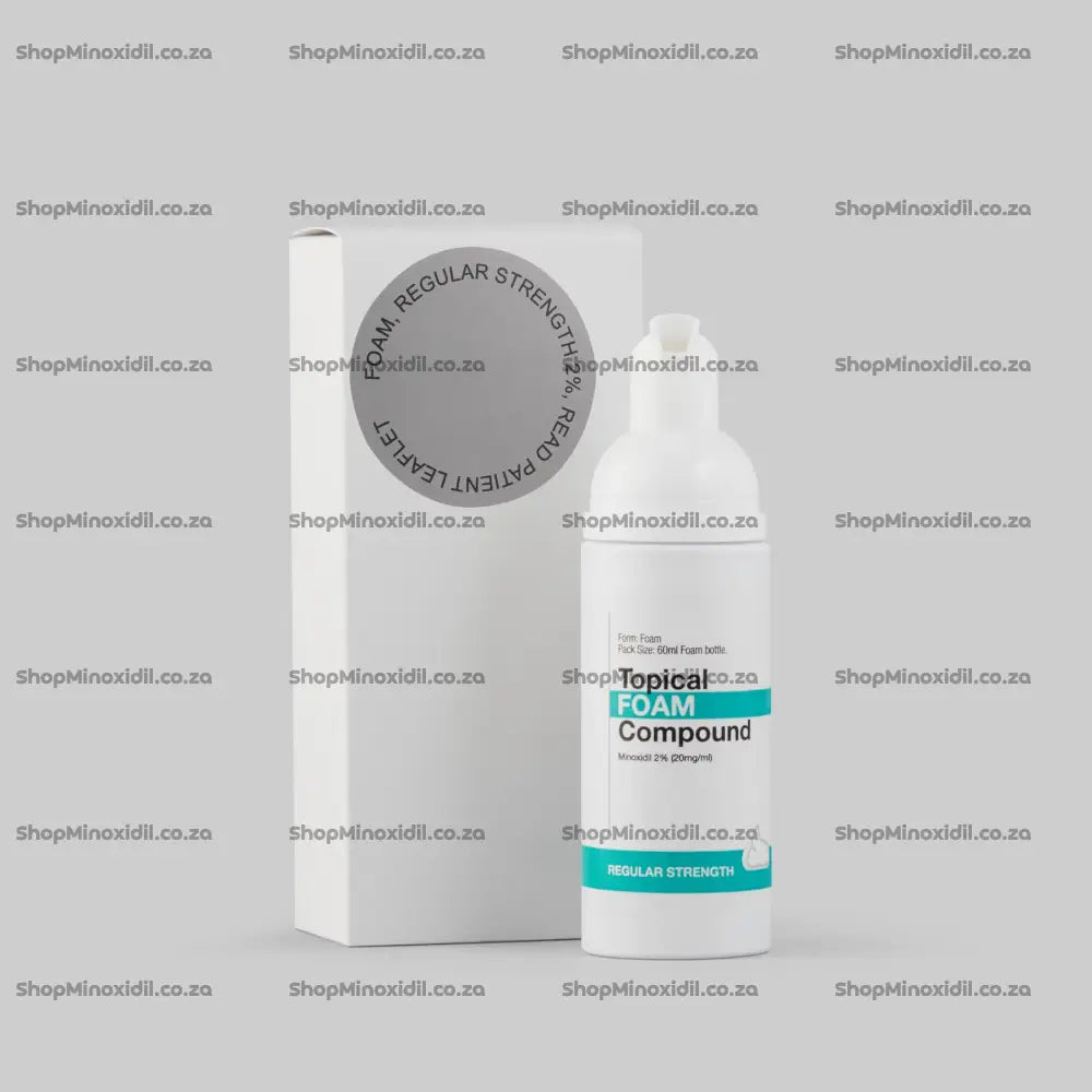 Topical foam compound bottle and packaging on a gray background