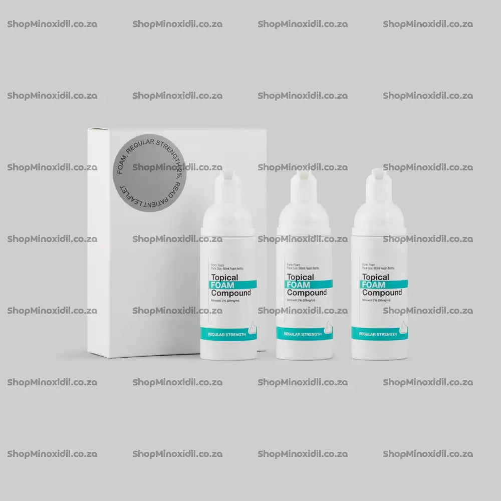 Three bottles of 'Topical Foam Compound' with a packaging box on a gray background