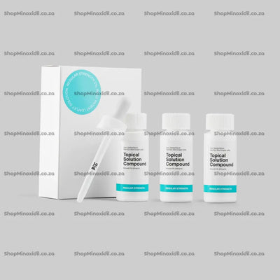 Topical Solution Compound packaging with bottles and a box on a gray background